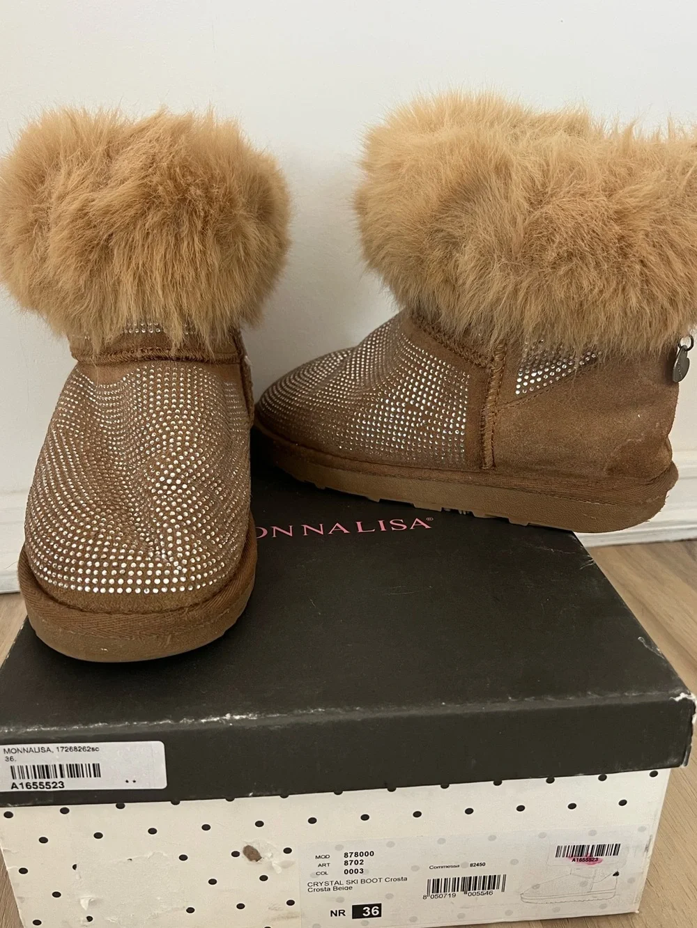 MonnaLisa Brown Crystal-Embellished Fur-Trim Booties Size 36 Ski boots